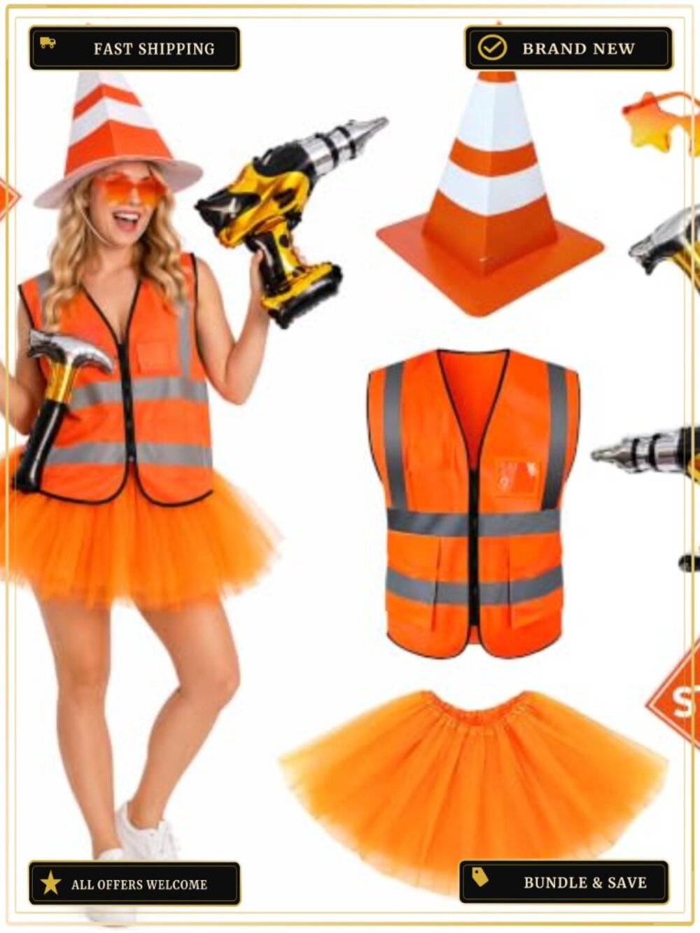 7-Piece Adult Traffic Cone Costume Set Construction Worker Cosplay Halloween